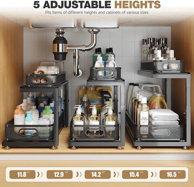 2-Pack 21.3 IN Depth Under Sink Organizer With Next-Gen Ball-Bearing Slides,Sophisticated Mesh 2-Tier Pull Out Shelf for Kitchen & Bathroom,Fits Small Items-Black