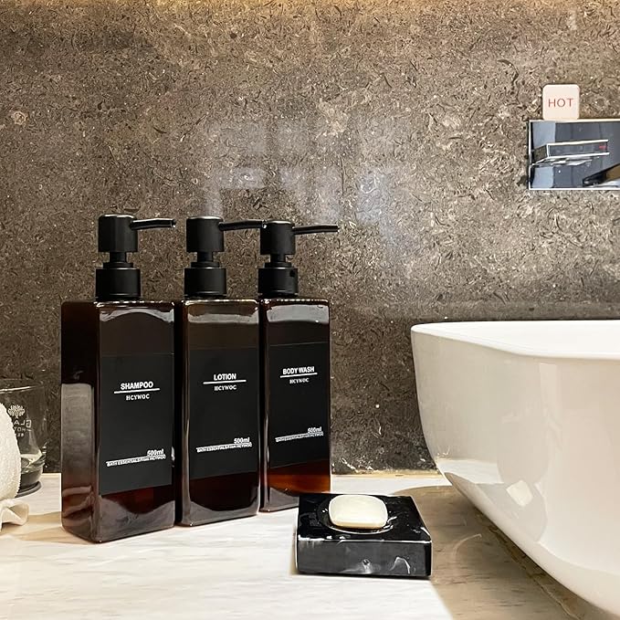 Shampoo Dispenser for Shower Wall, Shampoo and Conditioner Dispenser with 16 Waterproof Labels, No Drill Shower Soap Dispenser Bathroom, Shower Soap Dispenser Wall Mounted 3 chamber, 17oz, Black Amber