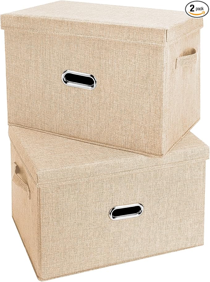 Large Linen Fabric Foldable Storage Bins with Removable Lid and Handles, Washable Storage Box Organizer Containers Baskets Cube with Cover for Bedroom