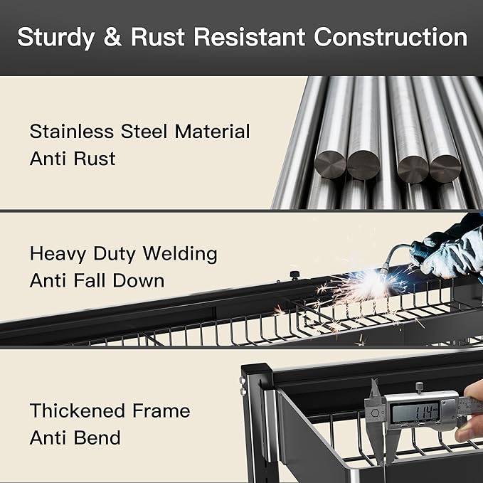 3 Tier Extra Large Stainless Steel Expandable Over The Sink Dish Drainer Drying Rack, Rust Proof Metal, Space Saving, Modern Black Big Capacity Extendable Plate Strainers Above Kitchen Counter