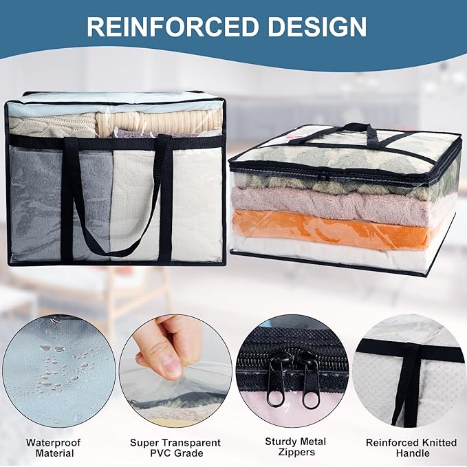 6Pack Clear Blanket Storage Bags, Vinyl Comforter Clothes Storage Closet Organizers and Storage Containers Moving Bags with Reinforced Handle for Bedding, Clothing, Comforters, Pillows, Toys,60L