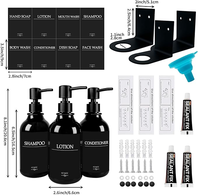 Shampoo Dispenser for Shower Wall, Shampoo and Conditioner Dispenser with 16 Waterproof Labels, No Drill Shower Soap Dispenser Bathroom, Shower Soap Dispenser Wall Mounted,17oz, 3 Pack, Black