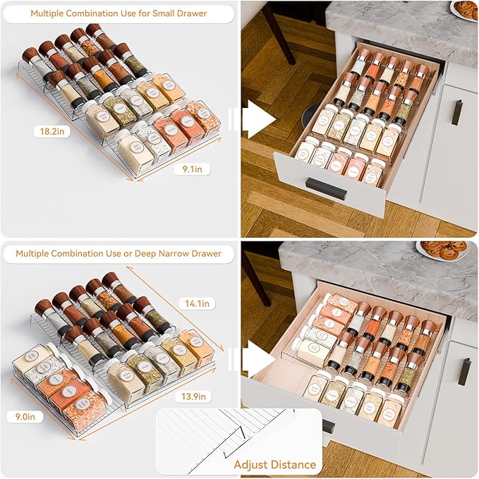 Yieach 4 Pack Adjustable Narrow In Drawer Spice Organizer - Expandable From 9'' to 17.7'' - Acrylic Drawer Seasoning Organizer,Clear Spice Drawer Insert Tray for Drawers Condiment,Jar Organization