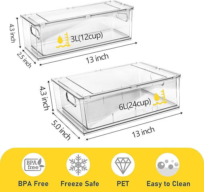 2 Pack Refrigerator Bins - Stackable Organizer Set (Clear)