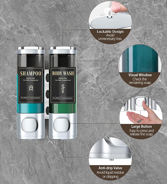 Luxspire Shampoo and Conditioner Dispenser, No Drill Wall Mounted Shower Soap Dispenser 2 Chamber with Waterproof Labels, Easy Refill Soap Dispenser for Bathroom Hotel Kitchen, Silver