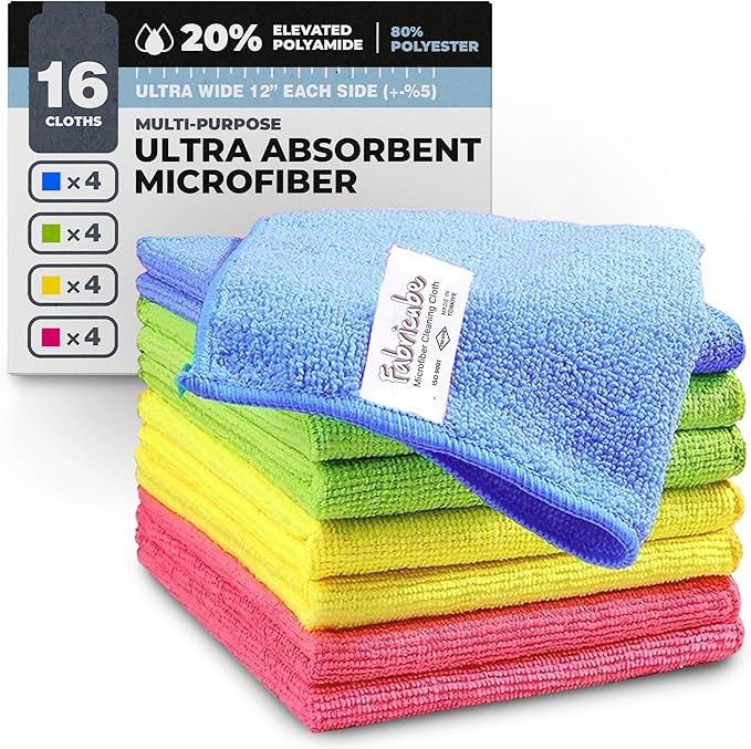 Turkish Microfiber Cleaning Cloth of 4 Colors | 20% Polyamide for Elevated Liquid Suction | Must Have Drying Supply for Kitchen and Home Accessories | Rags with Reinforced Edges, Pack of 16