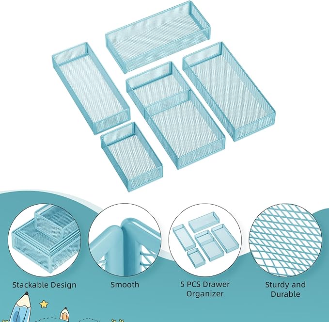 5 Pack Desk Drawer Organizer Set, Blue