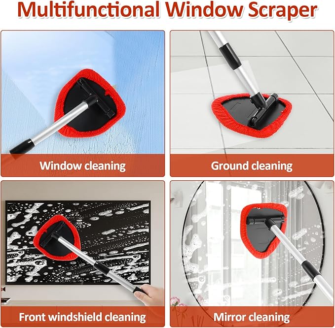 Windshield Cleaning Tool, Car Window Cleaner with Extendable Long Handle and 4 Washable Reusable Microfiber Pads and Spray Bottle