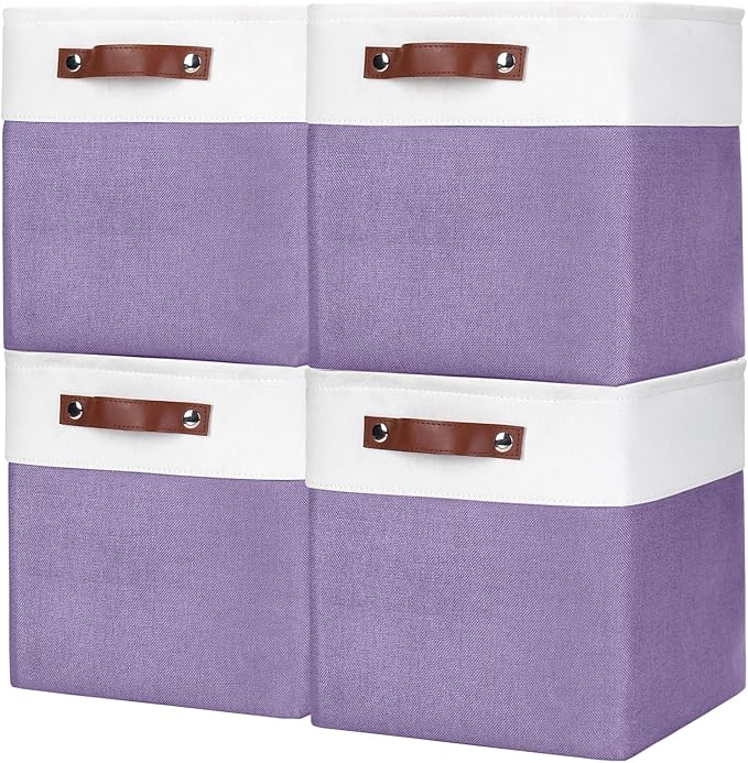 Collapsible Fabric Storage Cubes 11x11 Cube Storage Bins, Purple&White