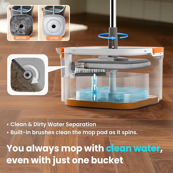 Mop and Bucket Set, Spin Mop with Separate Dirty Water System, Deep-Cleaning Mops for Floors, Versatile Mops for Walls