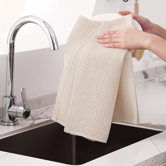 Homaxy 100% Cotton Waffle Weave Kitchen Dish Towels, Ultra Soft Absorbent Quick Drying Cleaning Towel, 20x28 Inches, 8-Pack, Beige
