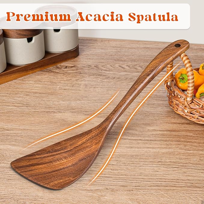 Wooden Spatula for Cooking, Acacia Wood Flat Frying Spatulas, Long Handle Spatula Turner for Non Stick Pans, Non-Scratch, Wooden Kitchen Utensils for Cooking, Frying, Baking