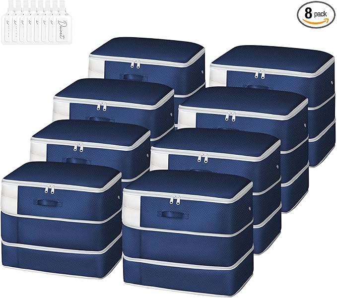 Comforter Storage Bag - Large Capacity Blanket Storage Bags 3-Layer Ultra Space Saving Self Compression Organizer, Washable Compression Bags for Storage Comforter Blanket, 8-Pack, Navy Blue