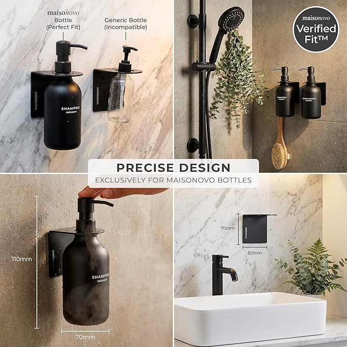 MAISONOVO Adhesive Soap Holder | Shampoo Bottle Holder Set of 2 - Black | Soap Bottle Holder | Wall Mounted Soap Holder | Soap Dispenser Holder