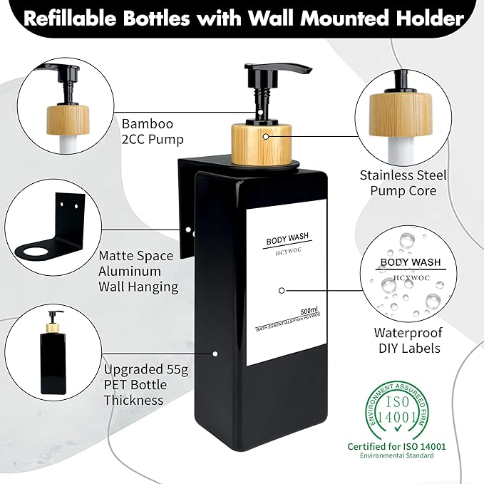 Shampoo Dispenser for Shower Wall, Shampoo and Conditioner Dispenser with 16 Waterproof Labels, No Drill Shower Soap Dispenser Bathroom, Shower Soap Dispenser Wall Mounted, 17oz, Bamboo(Black)