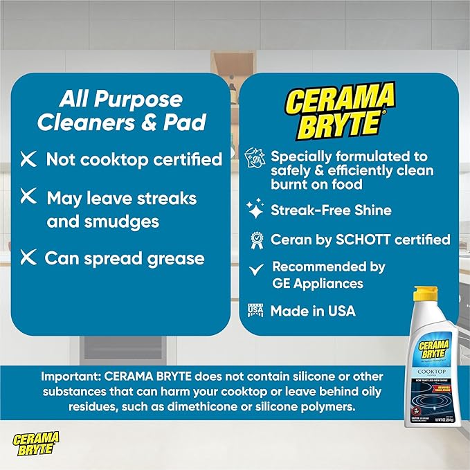 Cerama Bryte Glass Cooktop and Stove Top Cleaner Combo Kit - Includes Cleaning Tool, Razor, Scraper and 3 Pads to Remove Tough Stains - Use on Gas