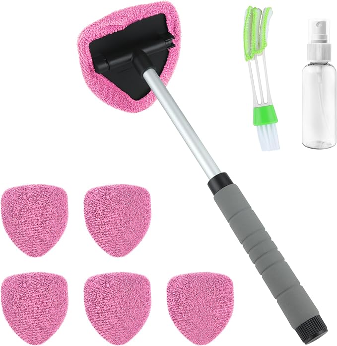 8 Pcs Car Window Cleaner Kit Triangle Shape Include Windshield Cleaning Tool with Extendable Handle 5 Microfiber Bonnets 1 Car Ventilation Brush 1 Empty 50ml Spray Bottle Glass Wiper Kits, Pink