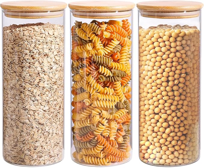 ComSaf 1.7 Qt Glass Storage Containers with Lids, Glass Jars with Lids, Clear Food Storage Jar, Round Canister Set of 3