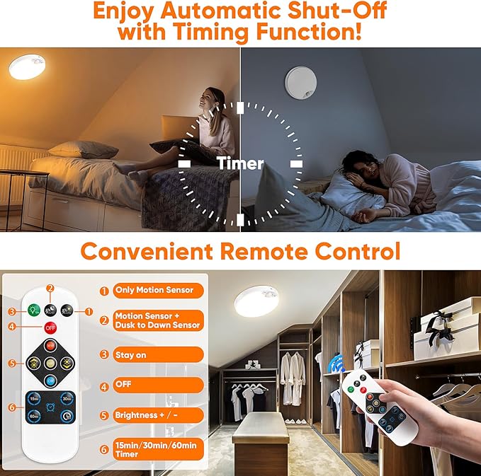 2 Pack 10000mAh Rechargeable Motion Sensor Ceiling Light with Remote, Battery Operated Closet Light No Wiring, Magnetic Wireless LED Ceiling Lights, 3 Color Overhead Lamp for Shower Pantry Hallway