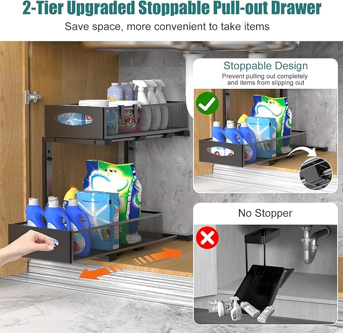 Housolution 2 Pack Under Sink Organizer, 2 Tier Metal Pull Out Under Sink Storage with Sliding Mesh Drawers