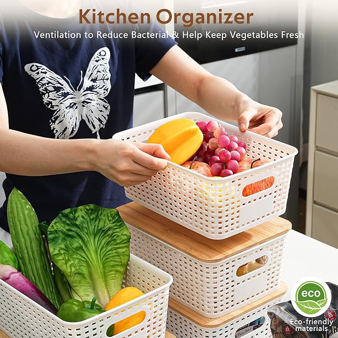 8 Pack Plastic Storage Bins with Bamboo Lids - Stackable Storage Baskets with Handle for Pantry Organizer and Storage