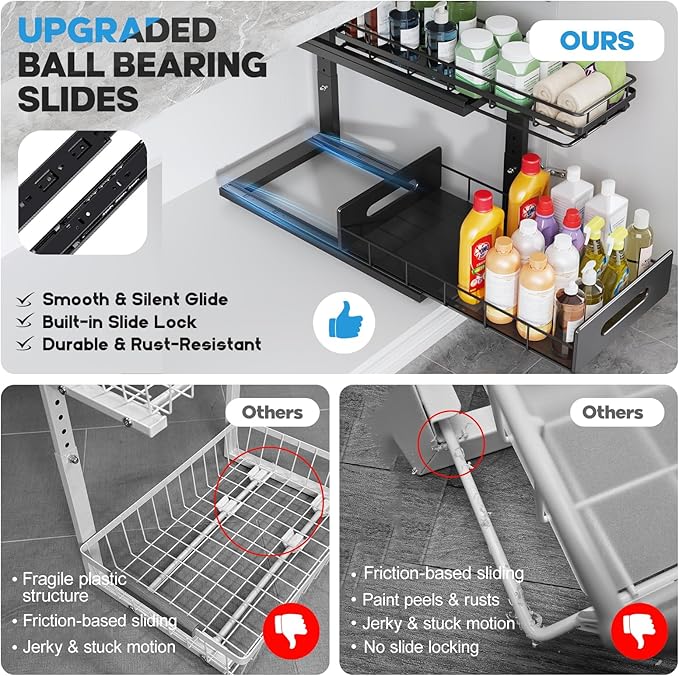 Under Sink Organizer Upgrade To Professional Rails,2-Tier Dual Pull Out Cabinet Storage,Height Adjustable Slide Out Drawers For Bathroom Kitchen