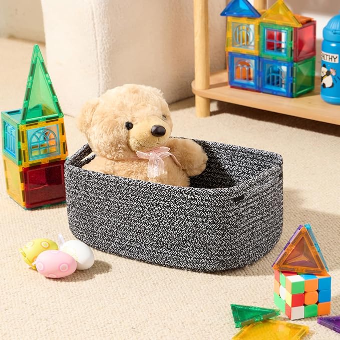 MiniArk Small Storage Baskets for Organizing | Closet Organizer Bins | Shelf Toy Basket | Woven Rope Baskets | Cube Decorative Box | Shallow Basket | 13x8.5x5.1” | 3 Packs Dark Gray