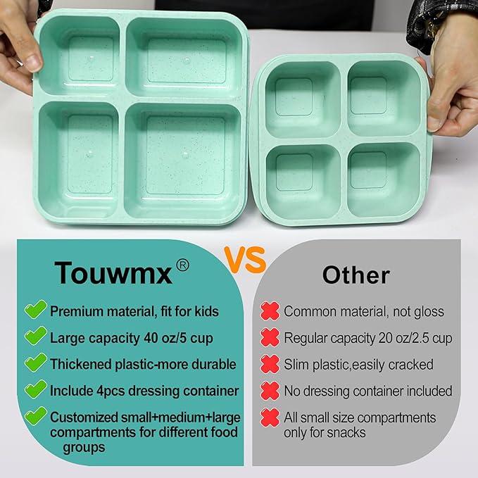 TOUWMX Original 40OZ Lunchable Container with Dressing Container, 4 Compartments Bento Box Lunch Box Microwave Safe Meal Prep Containers Snack Containers for Kids, 4 Pack Lunch Box for Adults