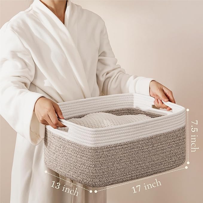 2 Pack Storage Baskets for Shelves, Large Woven Storage Baskets, White&Brown