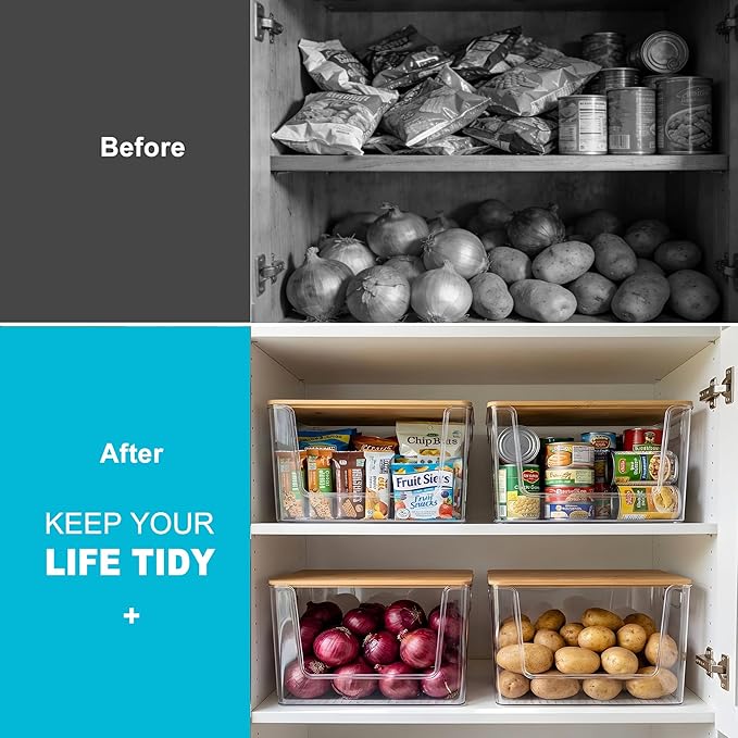 Pantry Organizers Storage, 2 Pack Large Capacity Clear Storage Bins with Bamboo Lids for Onion, Potato, Garlic, Canned Food