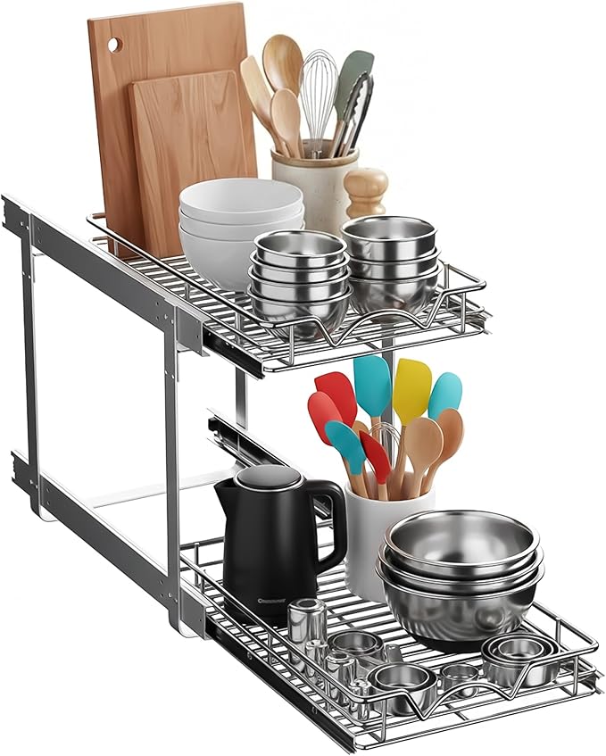 2-Tier Pull-Out Cabinet Organizer with Heavy-Duty Steel Frame, Full-Extension Sliding Shelves, Holds 100 lbs, Easy Install for Kitchen