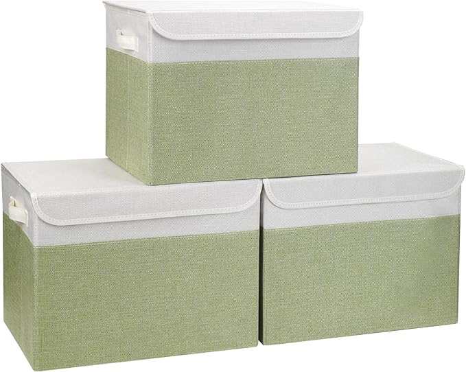 Large 17" 42 Quarts Collapsible Stackable Storage Bins with Lids [3-Pack] Foldable Fabric Linen Storage Boxes Cube