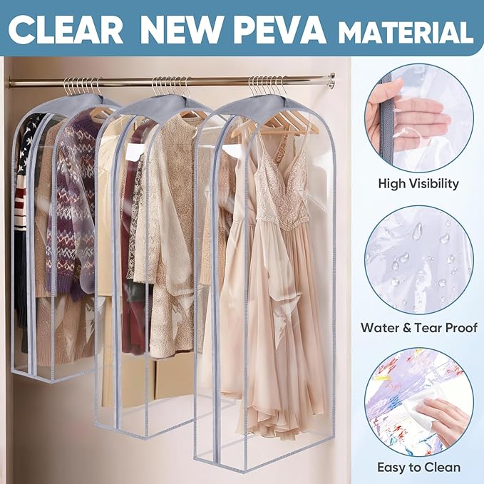 BALEINE 48'' Clear Garment Bags, 10.5'' Wide PEVA Suit Bag for Closet Clothes Dresses Suit Coats Storage (Clear, 1PK)
