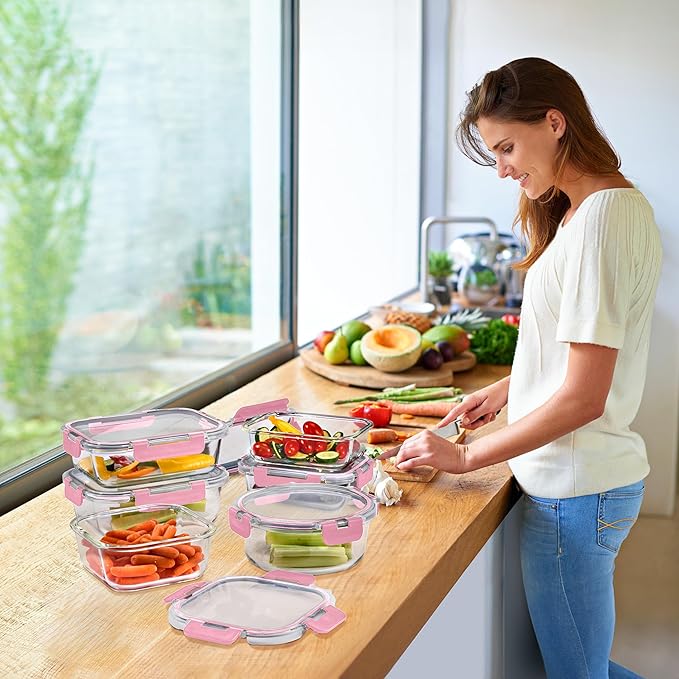 Sorbus 16pc Glass Meal Prep Containers Set – 8 Round 32oz Containers with Airtight Lids – Freezer, Dishwasher, Oven Safe – Reusable Food Storage Bowls