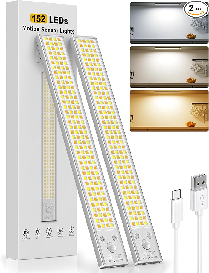 12inch Under Cabinet Lighting, 152LED Motion Sensor Light Indoor, USB Rechargeable Closet Lights, 3 Color Temps, Dimmable, Wireless Under Counter Lights for Kitchen, Stairs, Pantry, 2 Pack