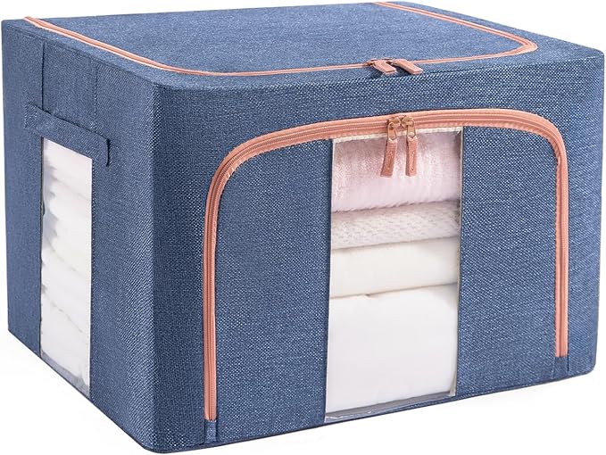 GuliPostan 100L Stackable Clothes Storage Bins with Metal Frame Handles & Zipper, Collapsible Closet Organizer Box with Lid for Bedding Blankets Towel