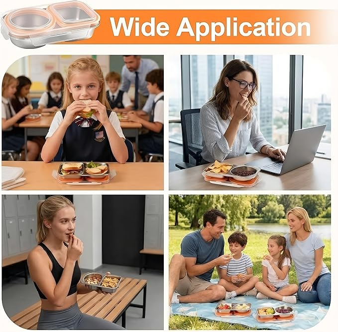 Stainless Steel Bento Lunch Box 3 Pack – Leak Proof 2 Compartment Lunch Containers, Meal Prep & Portion Control, BPA Free, Dishwasher Safe for Work & Office (Orange)