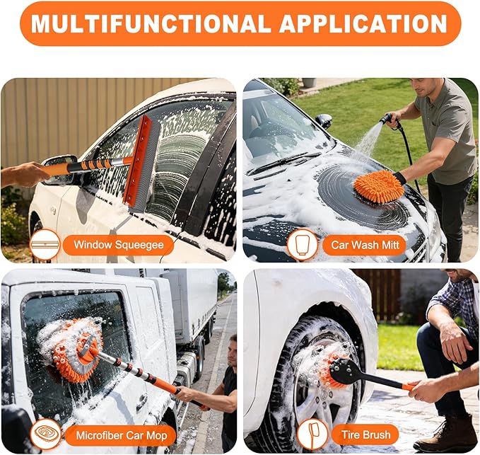 SISUPASSIE 16FT Car Wash Brush with Long Handle, Car Cleaning Brush Kit with Soft Bristle Brush, Solar Panel Cleaning Kit, Window Squeegee, Microfiber Mop, Wheel Brush, Mitt for Truck, RV, Boat