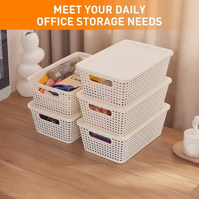Plastic Storage Baskets With Lid, Storage Bins for Organizing, Stackable Decorative Containers for Shelves Drawers Desktop Closet Playroom Classroom Office, 6 Pack- White