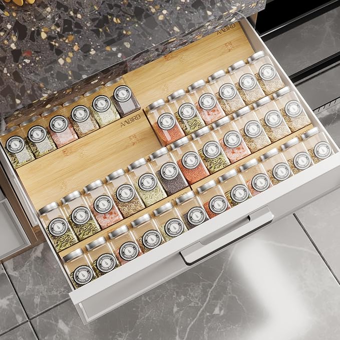 AMBIRD Bamboo Spice Drawer Organizer with Non-slip Mat,4 Tier - 2 Set Jar Spice Rack Tray From 12''to 24''