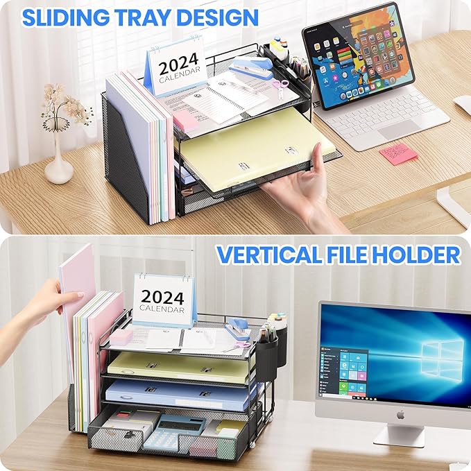 OPNICE Desk Organizer, 4-Tier Desktop File Organizer with Drawer and 2 Pen Holders, Office Desk Accessories, File Sorters