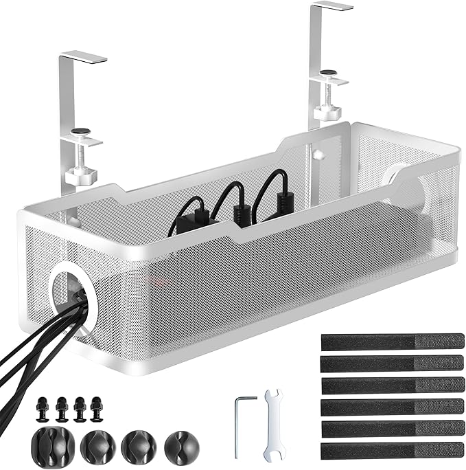 Under Desk Cable Management Tray White, Cinati Wire Organizers No Drill, Cable Tray with Clamp for Wire Management, Cord Organization Box for Office, Home - No Damage to Desk