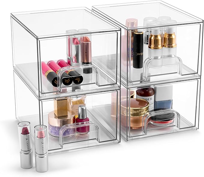 Sorbus Acrylic Storage Containers - 4 Pack, Stackable Storage Bins Set for Bathroom Organization - Clear Acrylic Drawer Organizers - Makeup Case Pull-Out Drawers (4.4’’ Tall)