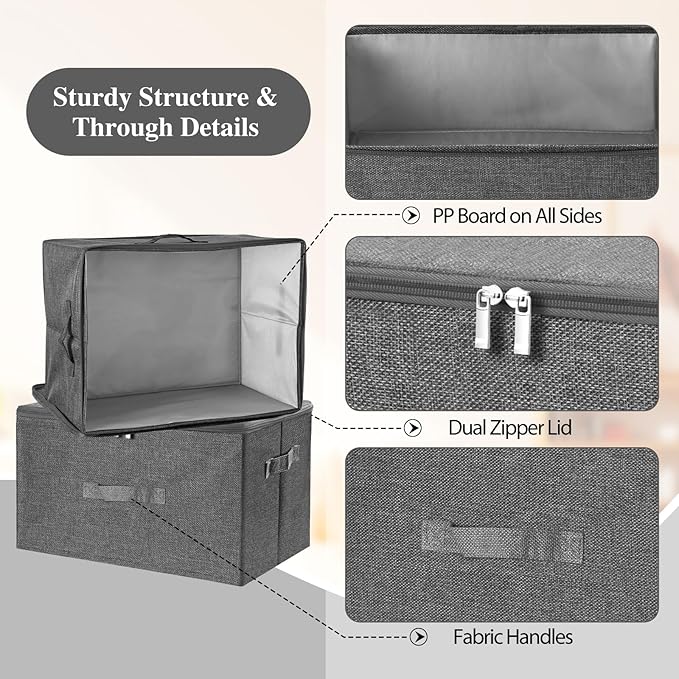 ANMINY Storage Bins with Zipper Lids 36 Qt Lidded Fabric Storage Boxes Baskets Cubes with Handles Collapsible Washable Cotton Linen Closet Shelf