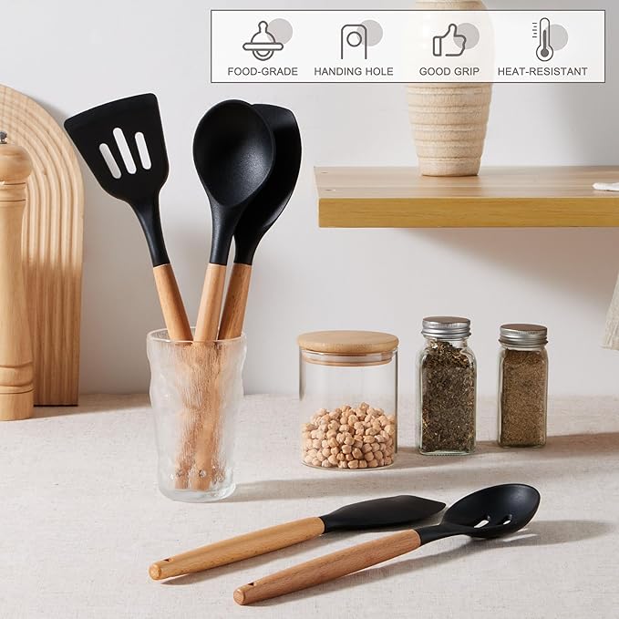 E-far Silicone Cooking Utensils Set, 5-Piece Black Kitchen Utensils Set with Wooden Handle for Cooking, Silicone Kitchen Nonstick Tools Spatula Turner Slotted Spoons, Nontoxic & Heat Resistant-Black