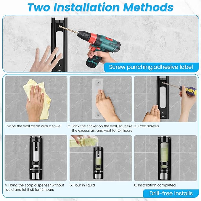 Wall Mounted Hand Soap Dispenser, 400ml Bathroom Shower Dispenser Gel Container Shower Pump Dispenser and Organizer for Bathroom Kitchen Hotel, Refillable Liquid Lotion Soap Dispenser, Black