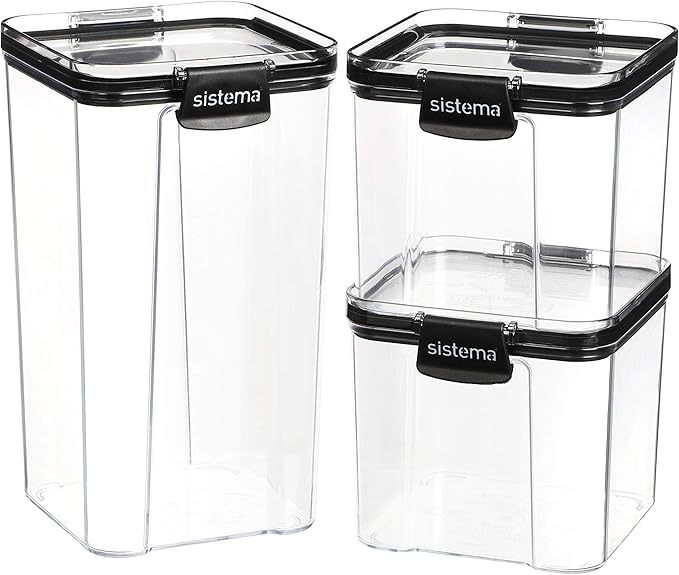 Sistema Tritan Ultra Airtight Pantry & Kitchen Storage Containers, 3-Pack, Clear Stackable Square Food Storage, BPA-Free, Dishwasher & Freezer-Safe