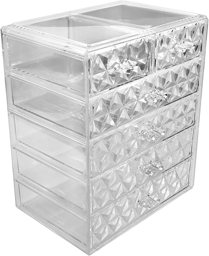 Sorbus Acrylic Makeup Organizer Set, 6-Drawer Vanity & Countertop Cosmetic Storage with Small & Wide Drawers, Diamond Makeup Storage for Brushes