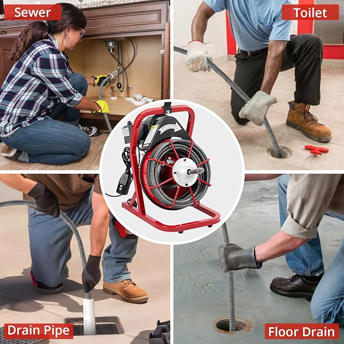 Drain Cleaner Machine, 75 Ft X 1/2 Inch Professional Electric Drain Auger for 1 to 4 Inch Pipes
