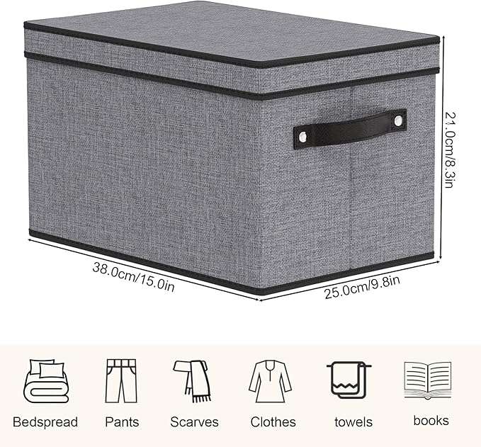 Storage Bin with Lid, 15 x 9.8 x 8.3 Inch Storage Box for Organizing with Handles, Decorative Linen Closet Organizer, Gray, 1-Pack